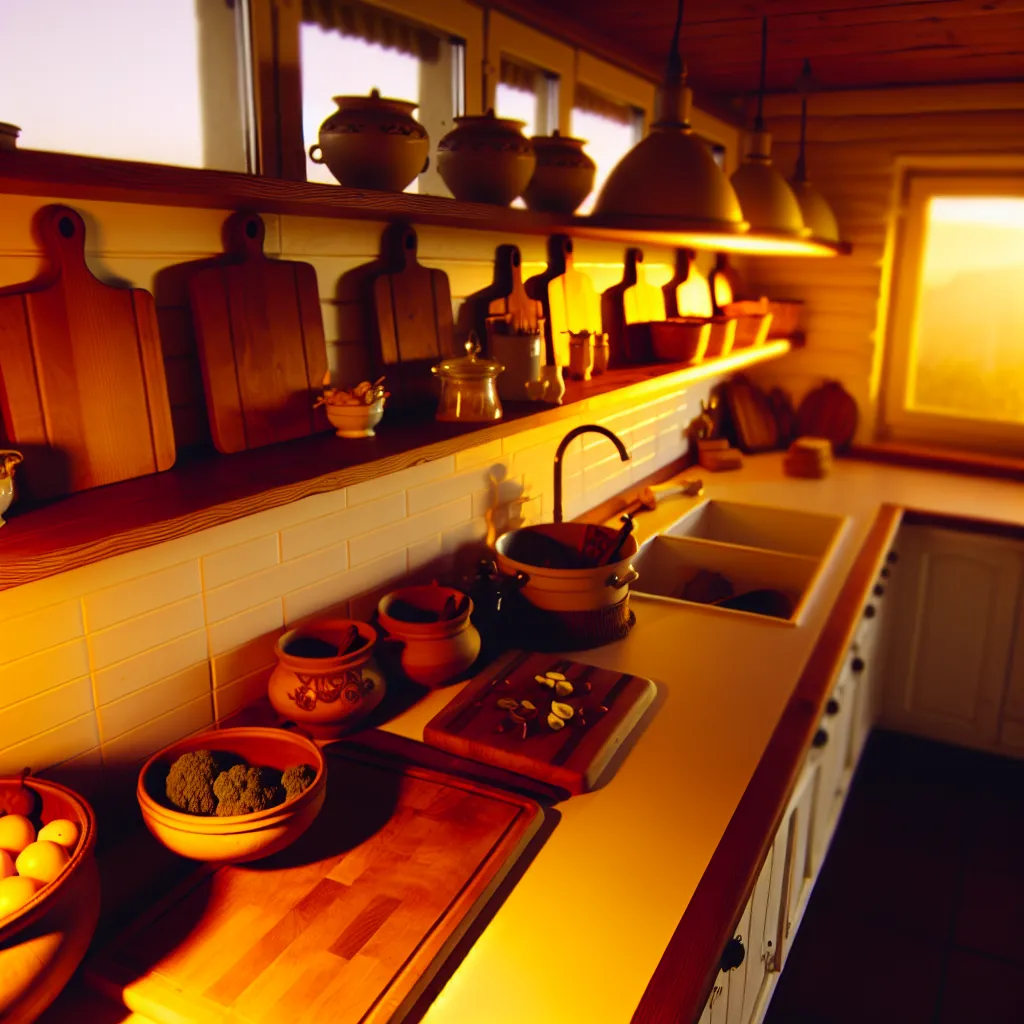 Cozy evening kitchen with warm lighting and organized prep areas