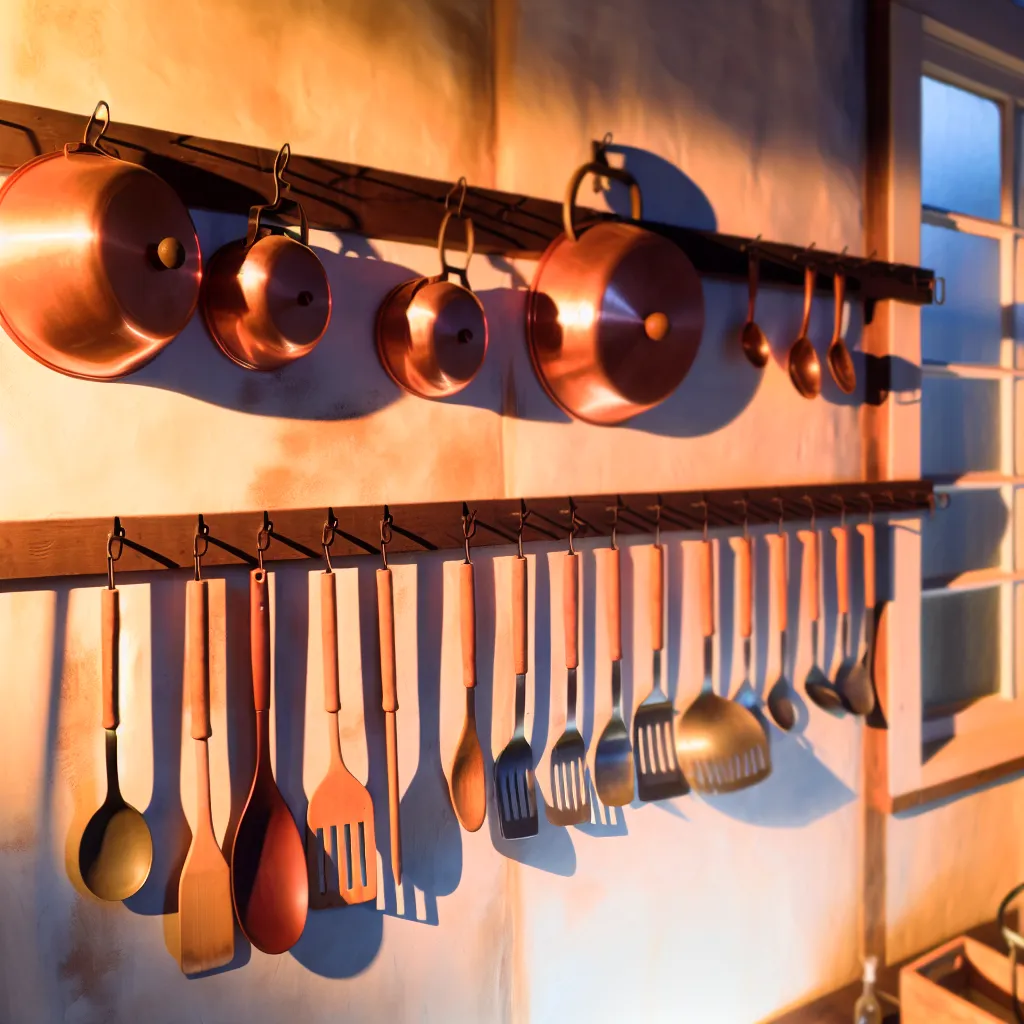 Kitchen tools organized on wall rack